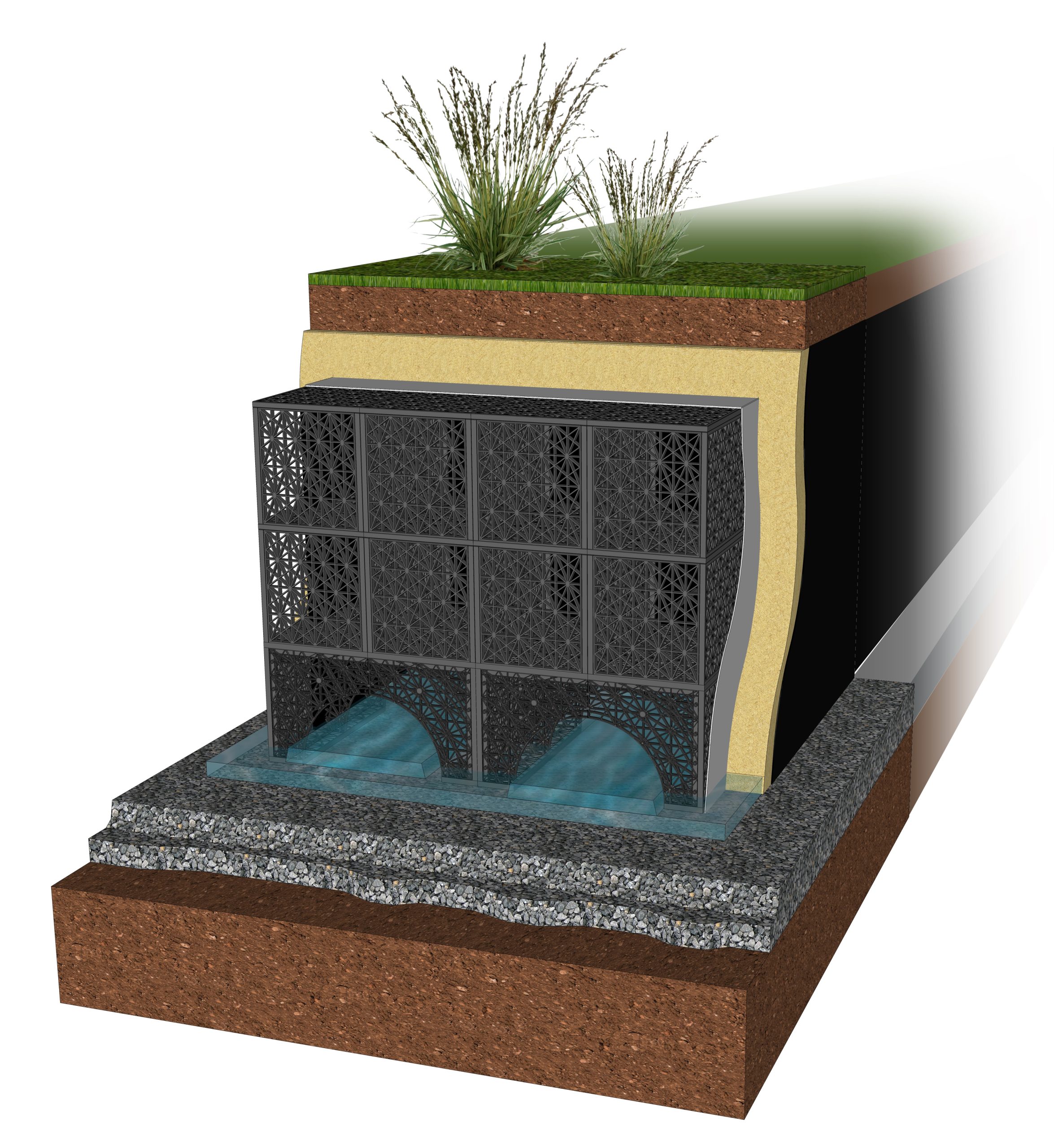 Flo-Arch vaulted pipeline used in conjunction with other stormwater management components.