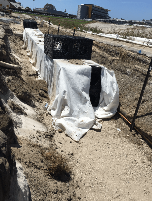 Flo-Channel drainage system installed in a residential landscape for water flow control.